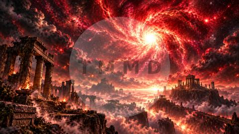Crimson Supernova Over Ancient Temples
