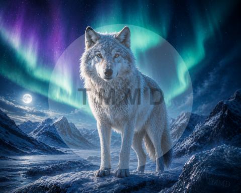 Lobo Ártico frente a la Aurora Esmeralda