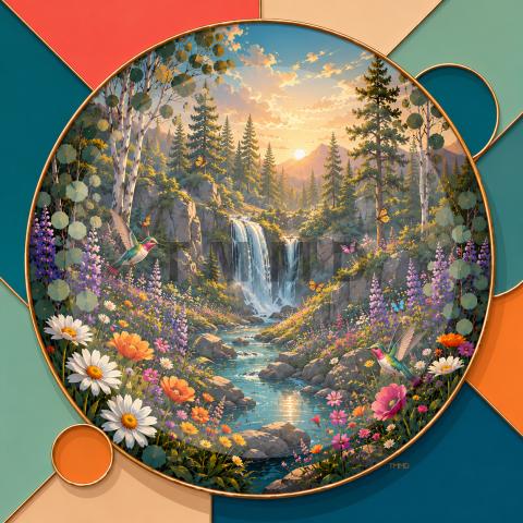 Spring Waterfall Among Pines