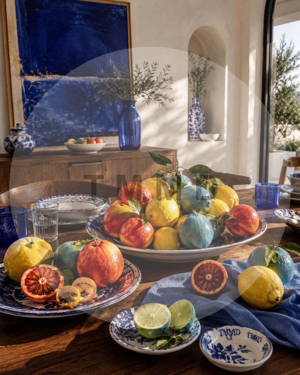 Cítricos azules en vajilla de porcelana