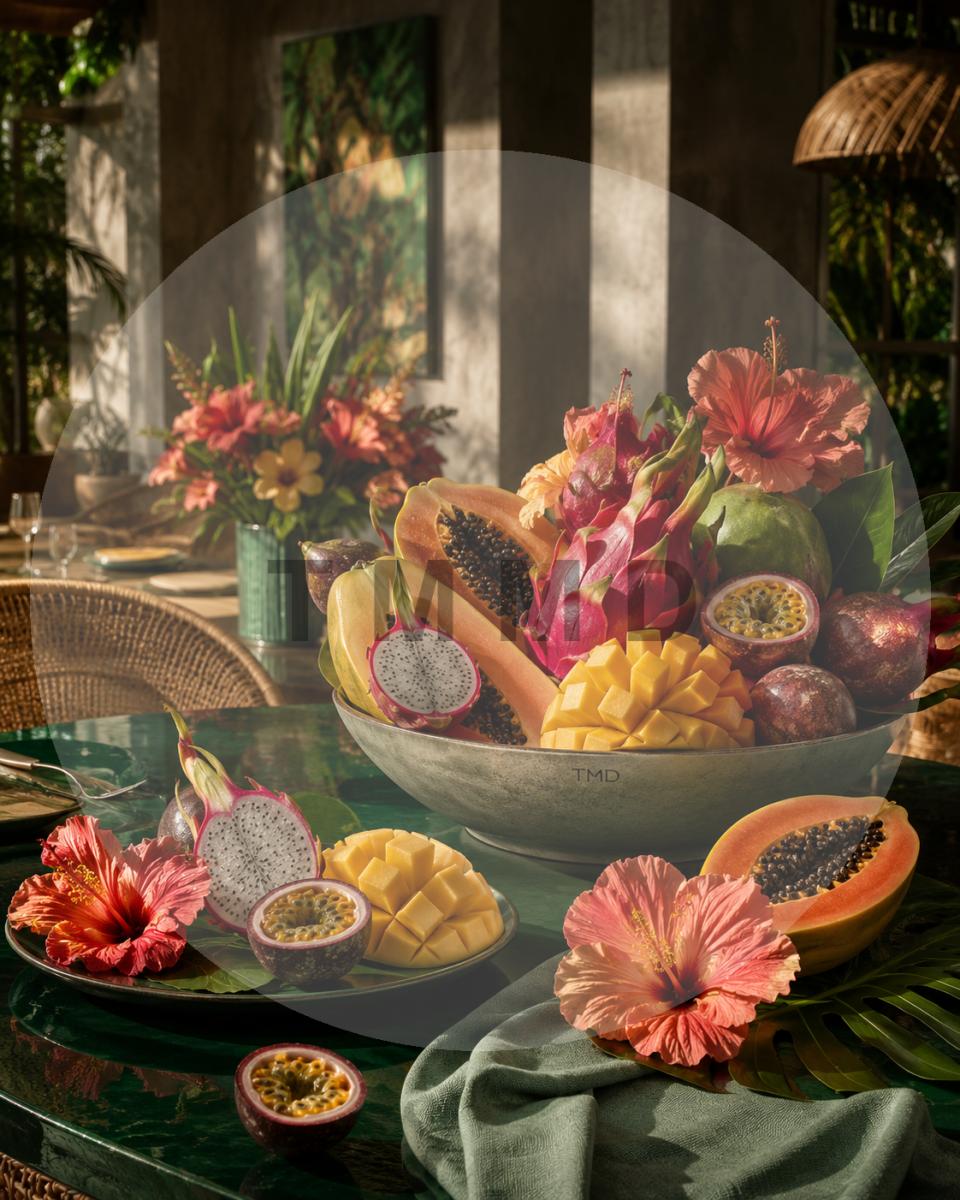 Banquete tropical en jade y coral
