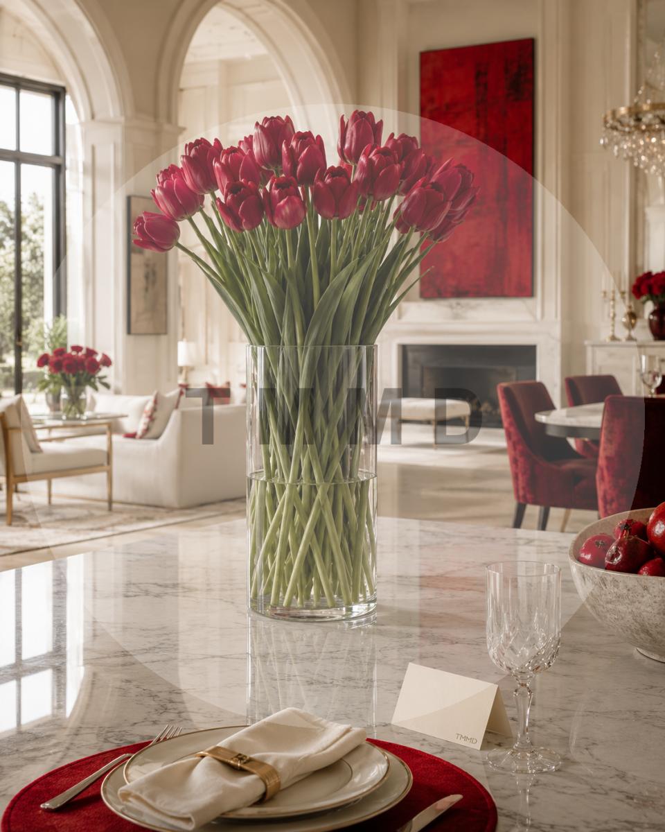 Tulipanes rojos en salón de mármol