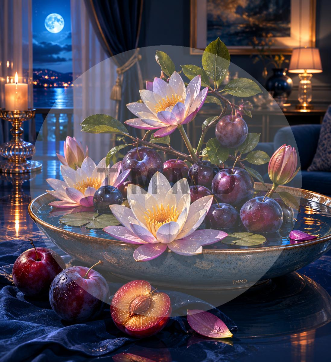 Water Lilies and Plums in Blue Night