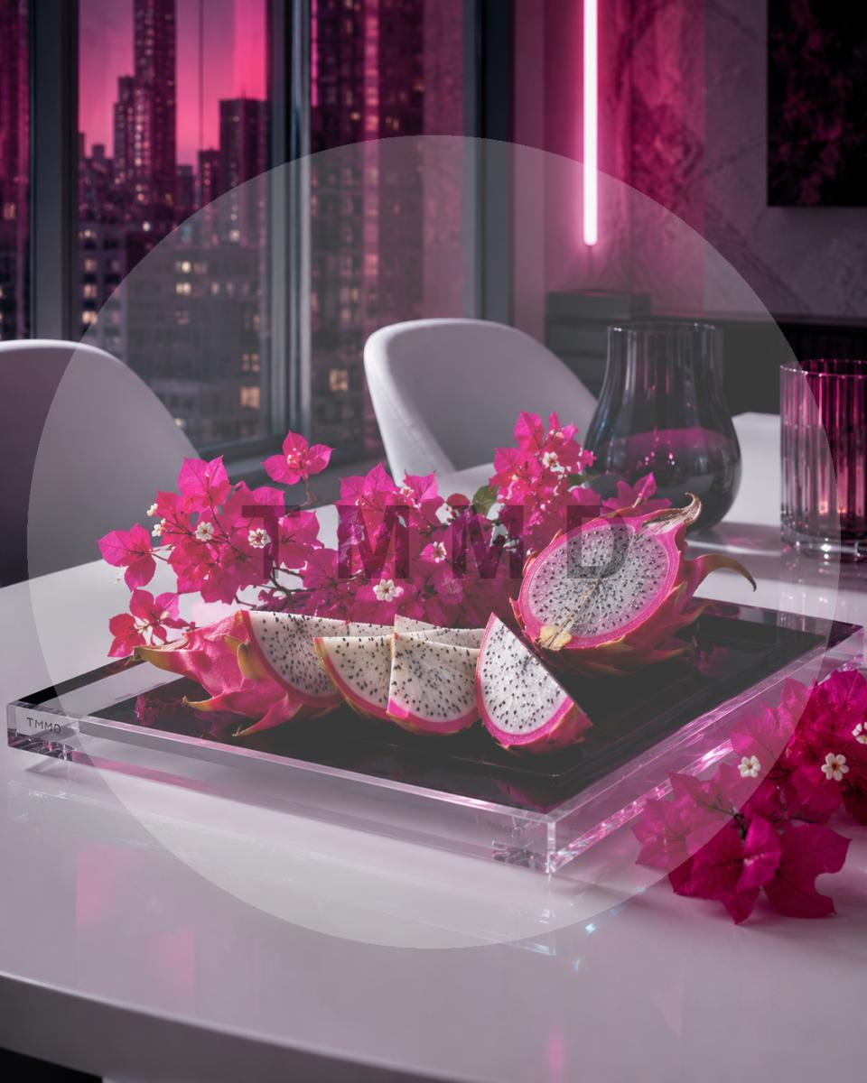 Dragon Fruits and Fuchsia Flowers in Soft Neon