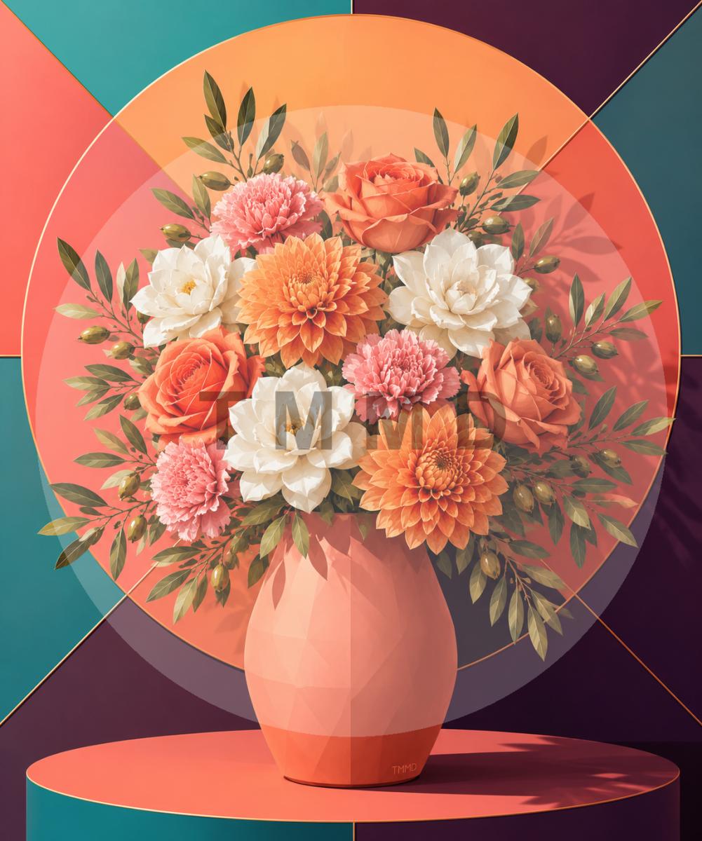 Coral Vase with Sunset Roses