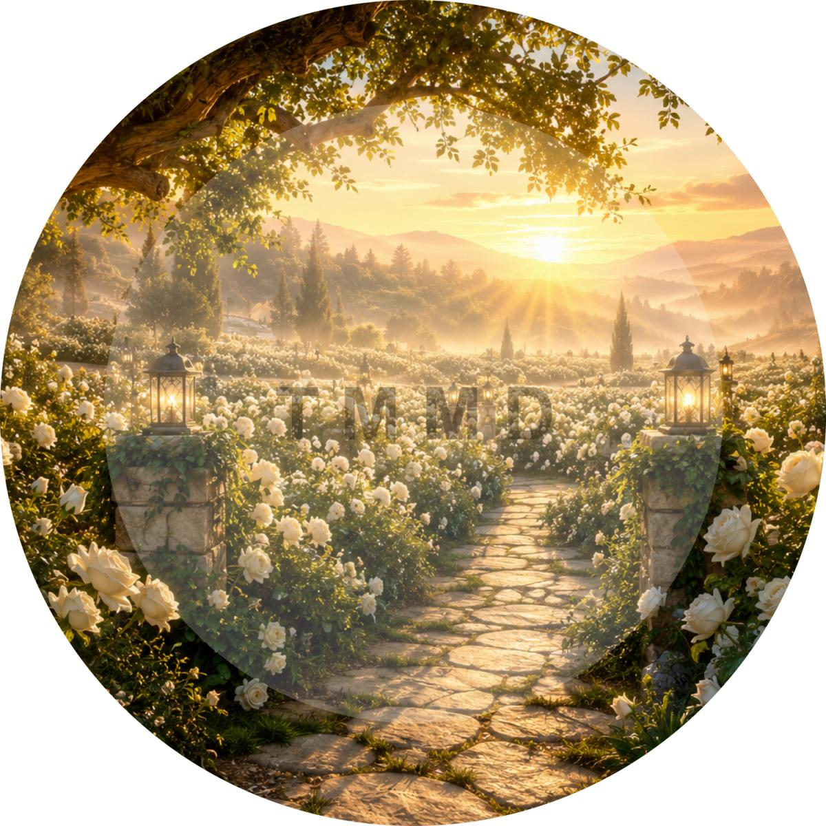 Endless white rose garden at sunrise.
