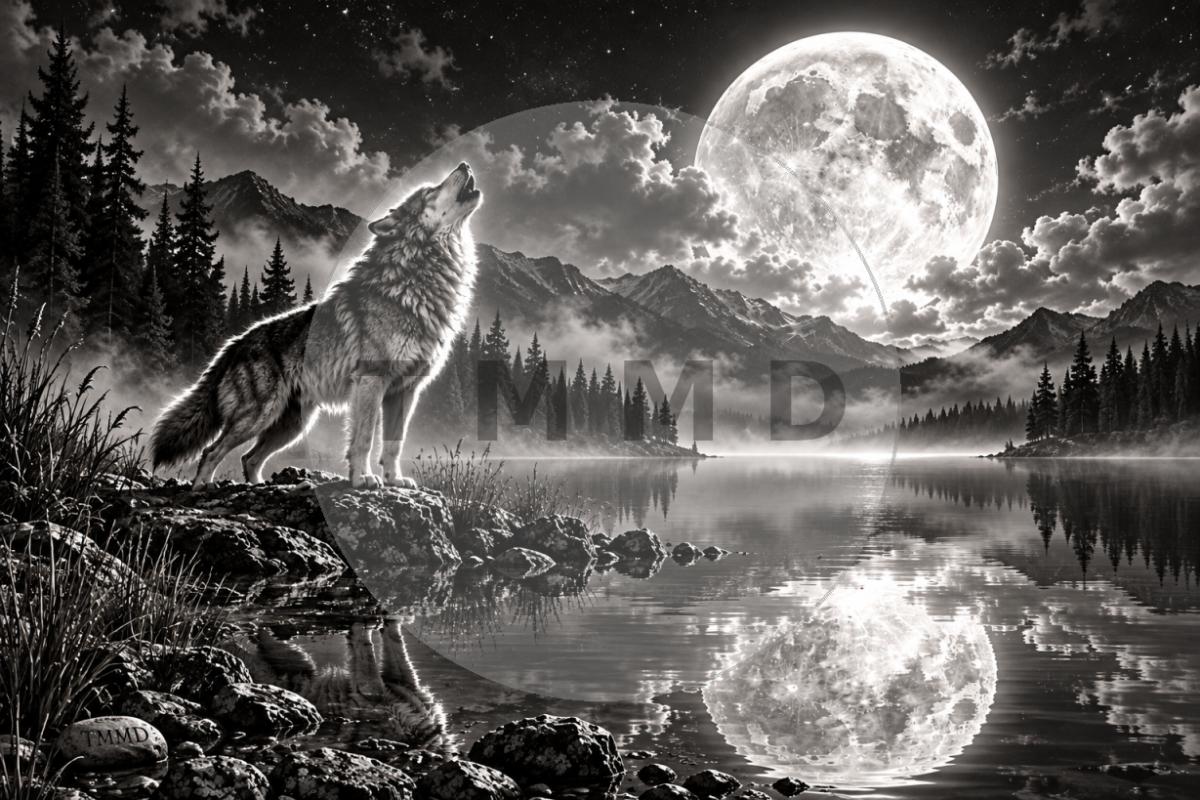 Wolf Reflection Under the Moon
