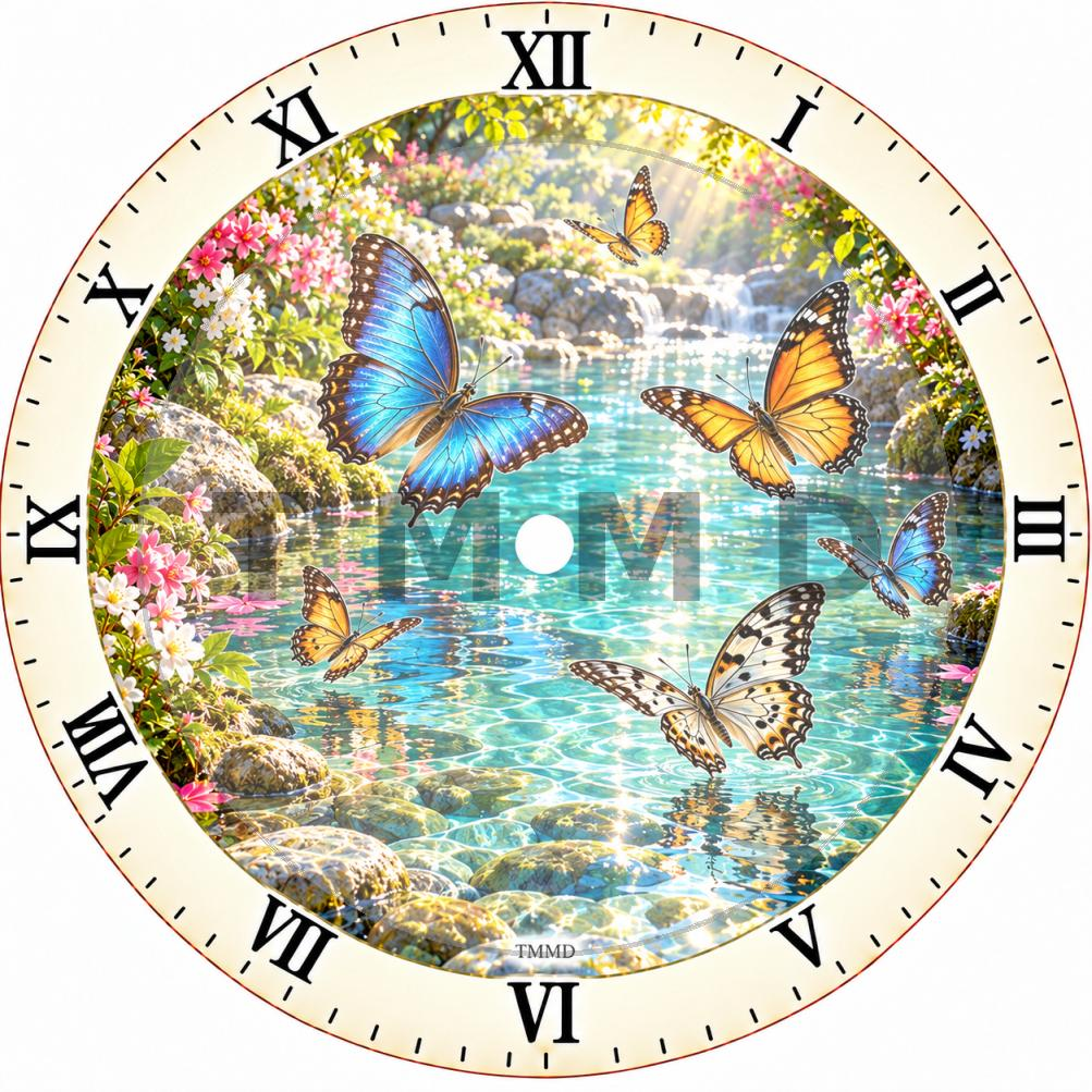 Elegant Butterflies Over Crystal Water Clock Face